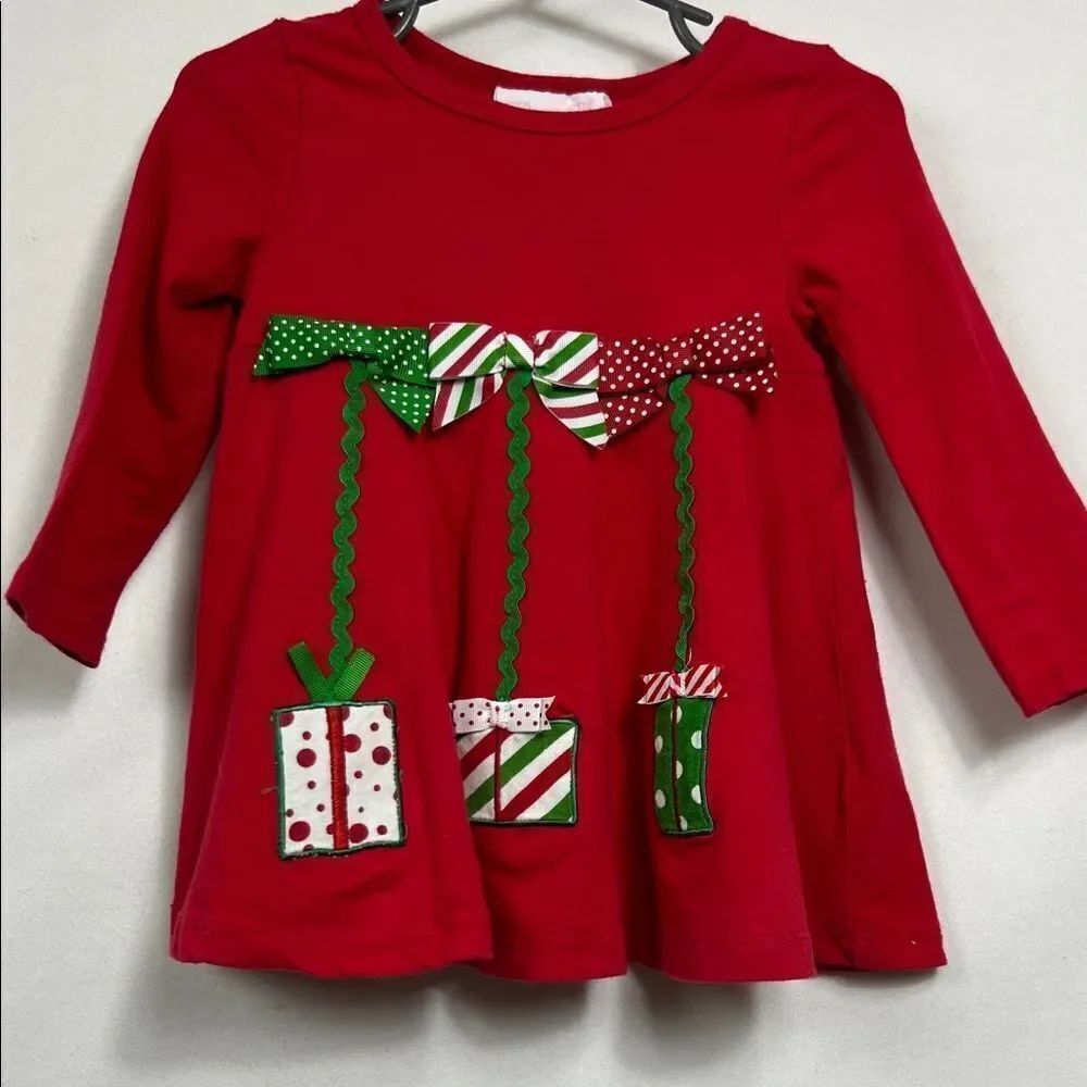 Bonnie Baby Red knit Christmas dress with appliqués and bows size 18 months